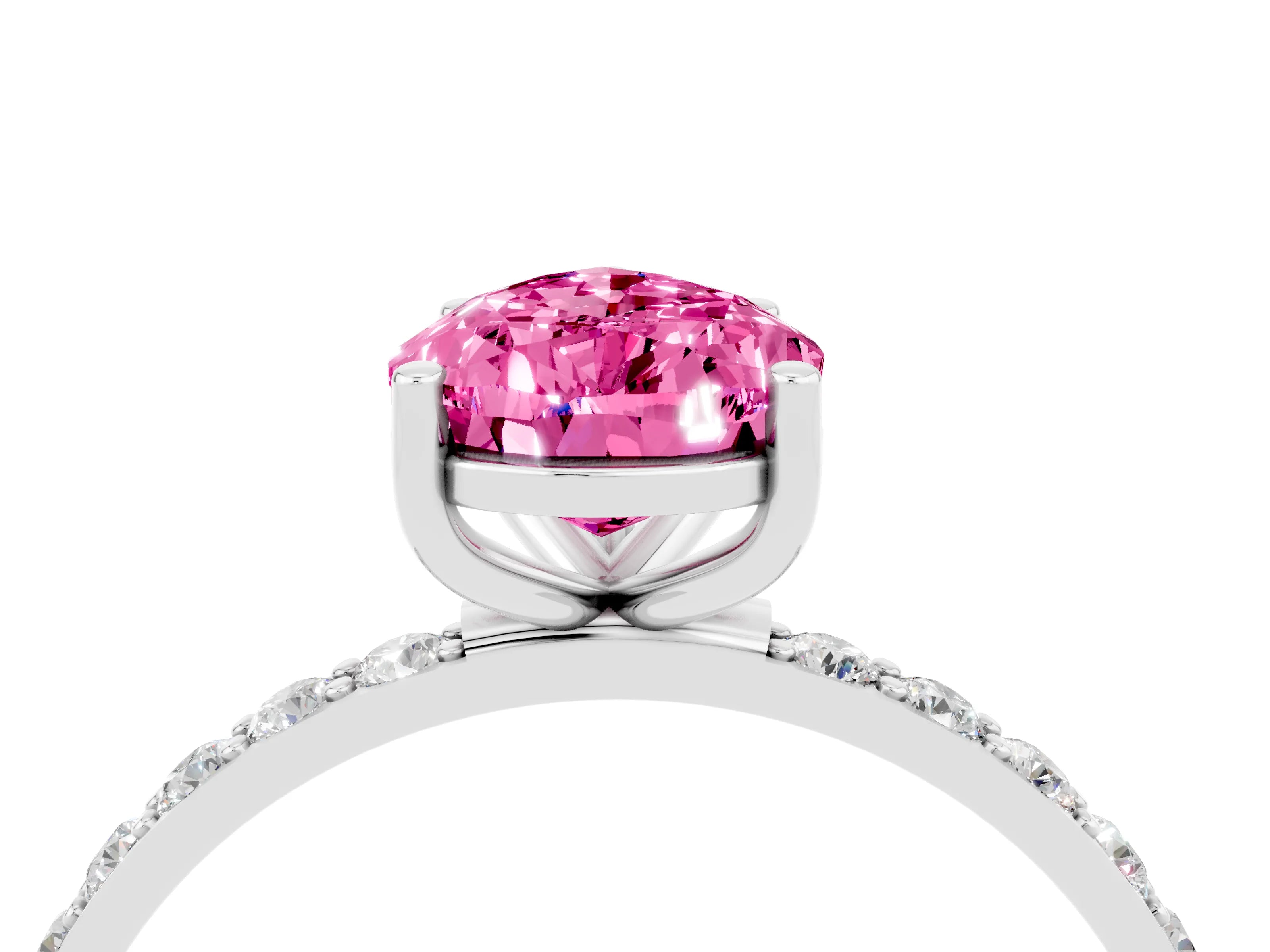 White gold Pear Cut Pink Sapphire Solitaire Ring with Pave Band and Four Prong Setting_52