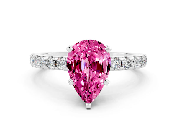 White gold Pear Cut Pink Sapphire Solitaire Ring with Round Pavé Band and Four-Prong Setting