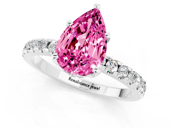 White gold Pear Cut Pink Sapphire Solitaire Ring with Round Pavé Band and Four-Prong Setting