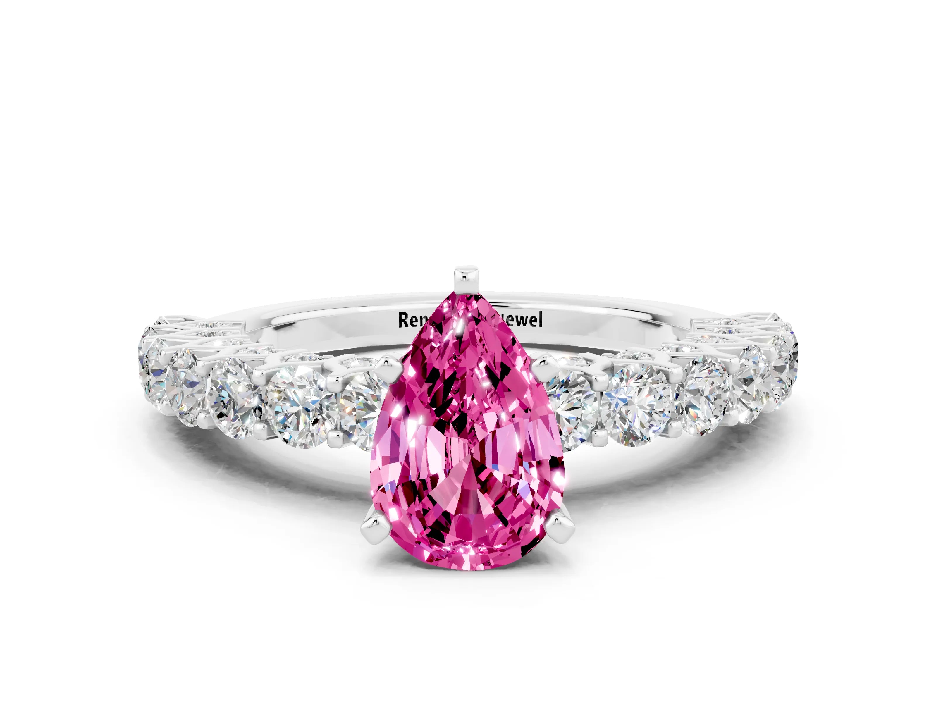 White gold Pear Cut Pink Sapphire Solitaire Ring with Shared Prong Pavé Band and Four-Prong Setting