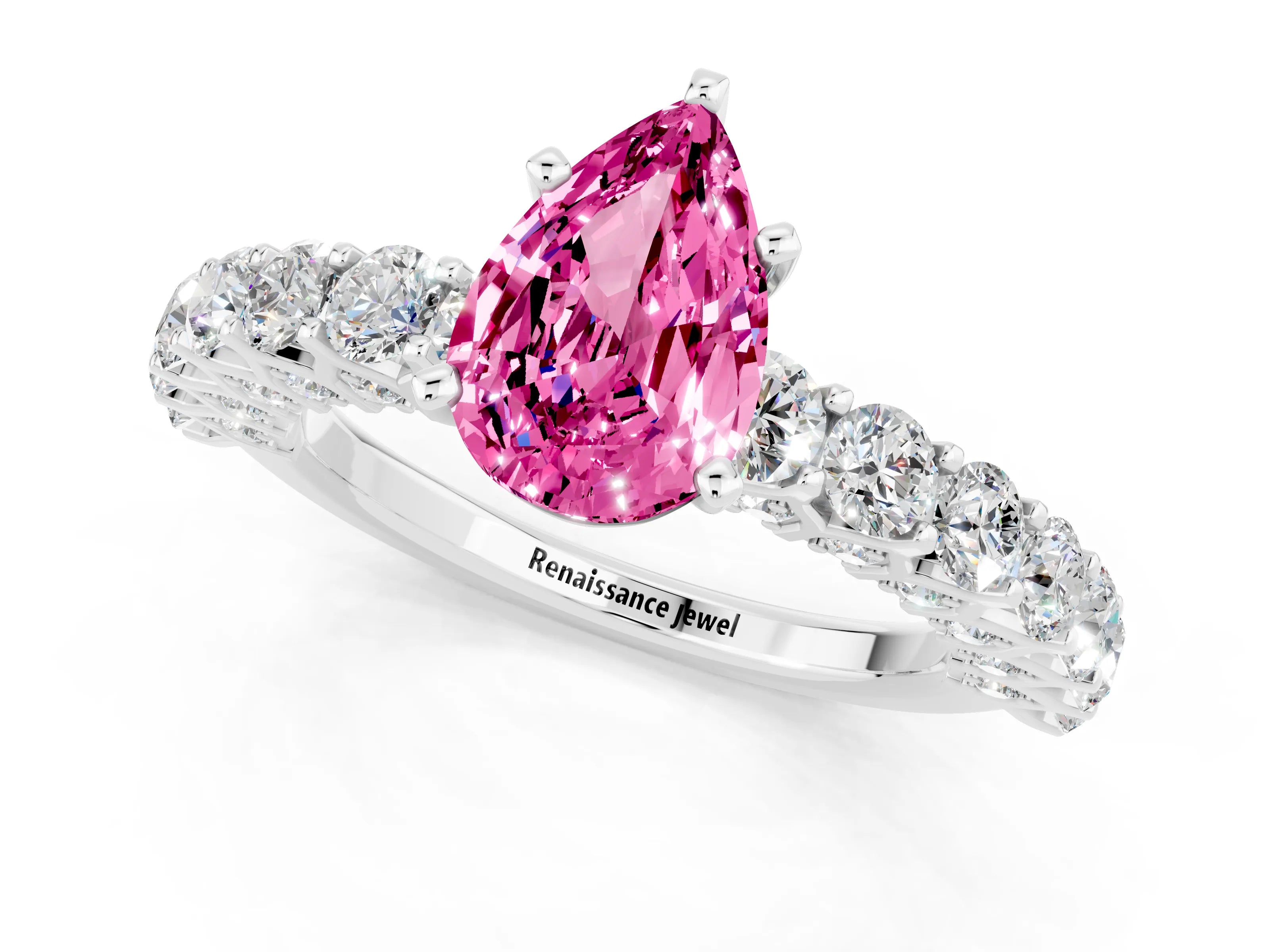 White gold Pear Cut Pink Sapphire Solitaire Ring with Shared Prong Pavé Band and Four-Prong Setting_1