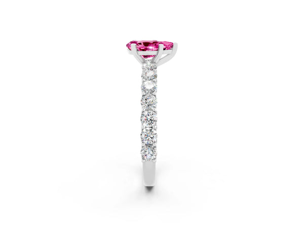 Silver Pear Cut Pink Sapphire Solitaire Ring with Shared Prong Pavé Band and Four-Prong Setting