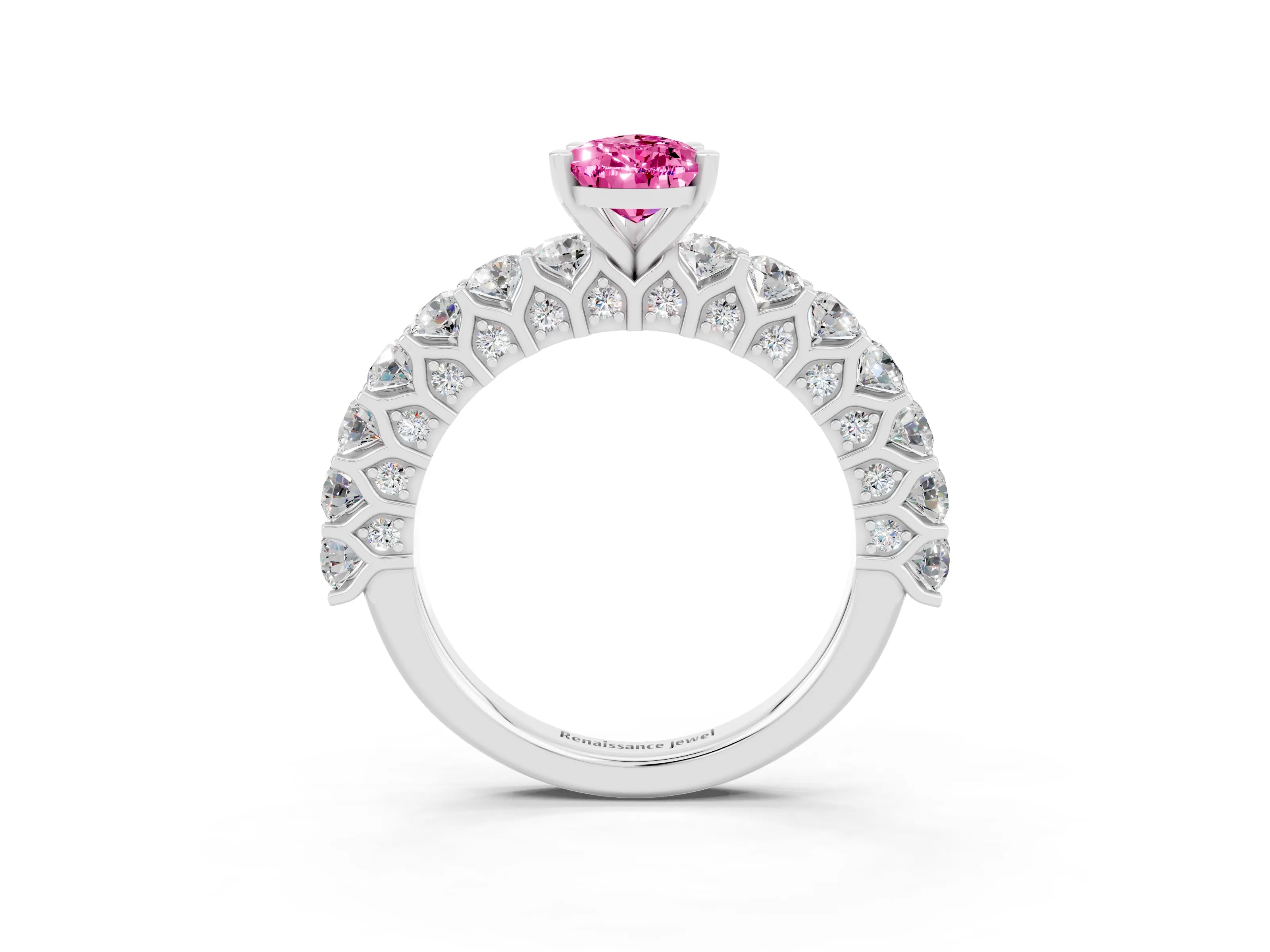White gold Pear Cut Pink Sapphire Solitaire Ring with Shared Prong Pavé Band and Four-Prong Setting_3