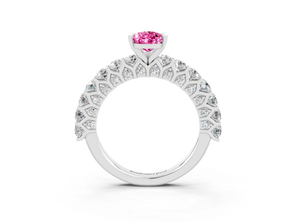 Silver Pear Cut Pink Sapphire Solitaire Ring with Shared Prong Pavé Band and Four-Prong Setting