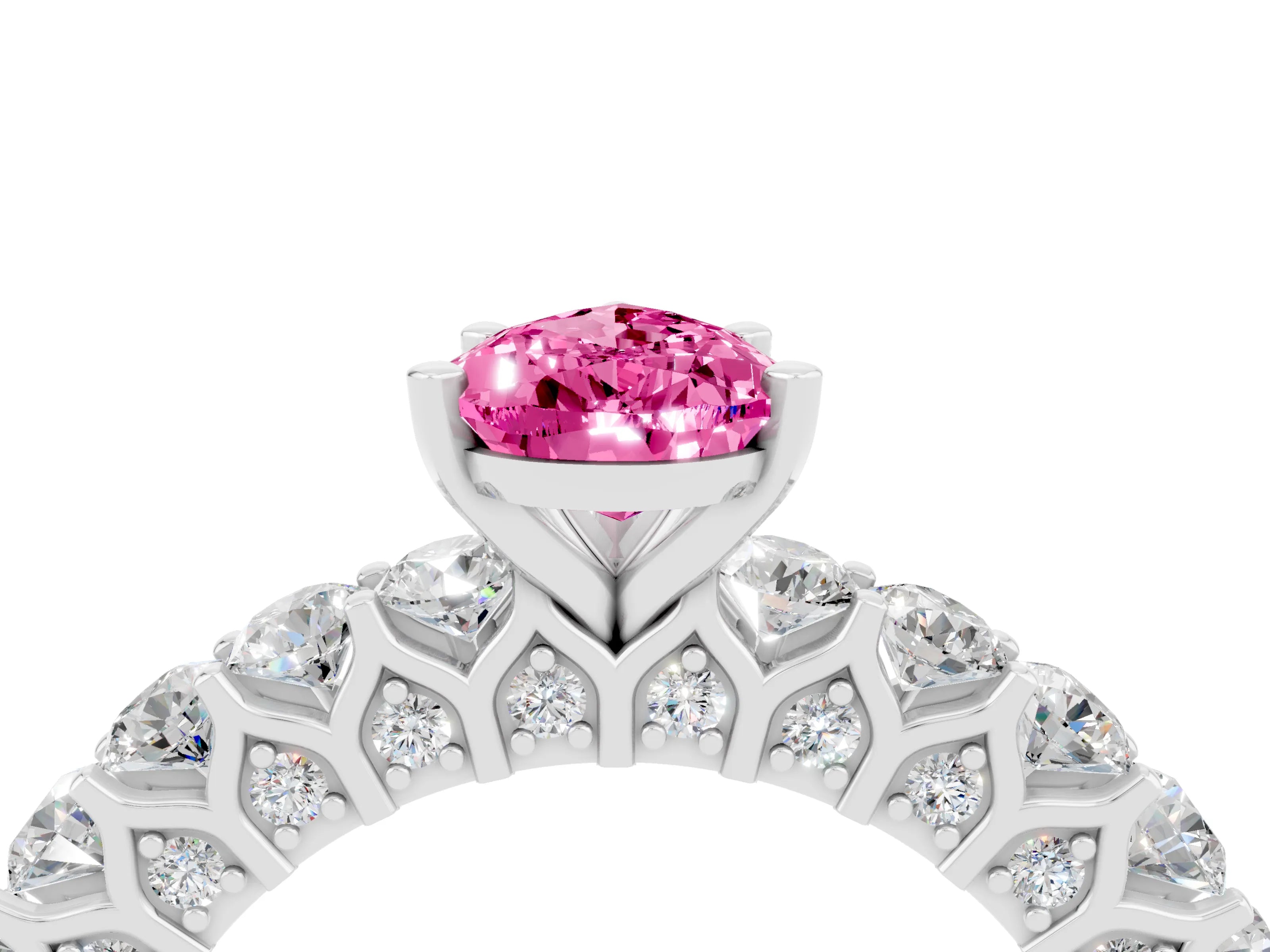 White gold Pear Cut Pink Sapphire Solitaire Ring with Shared Prong Pavé Band and Four-Prong Setting_4