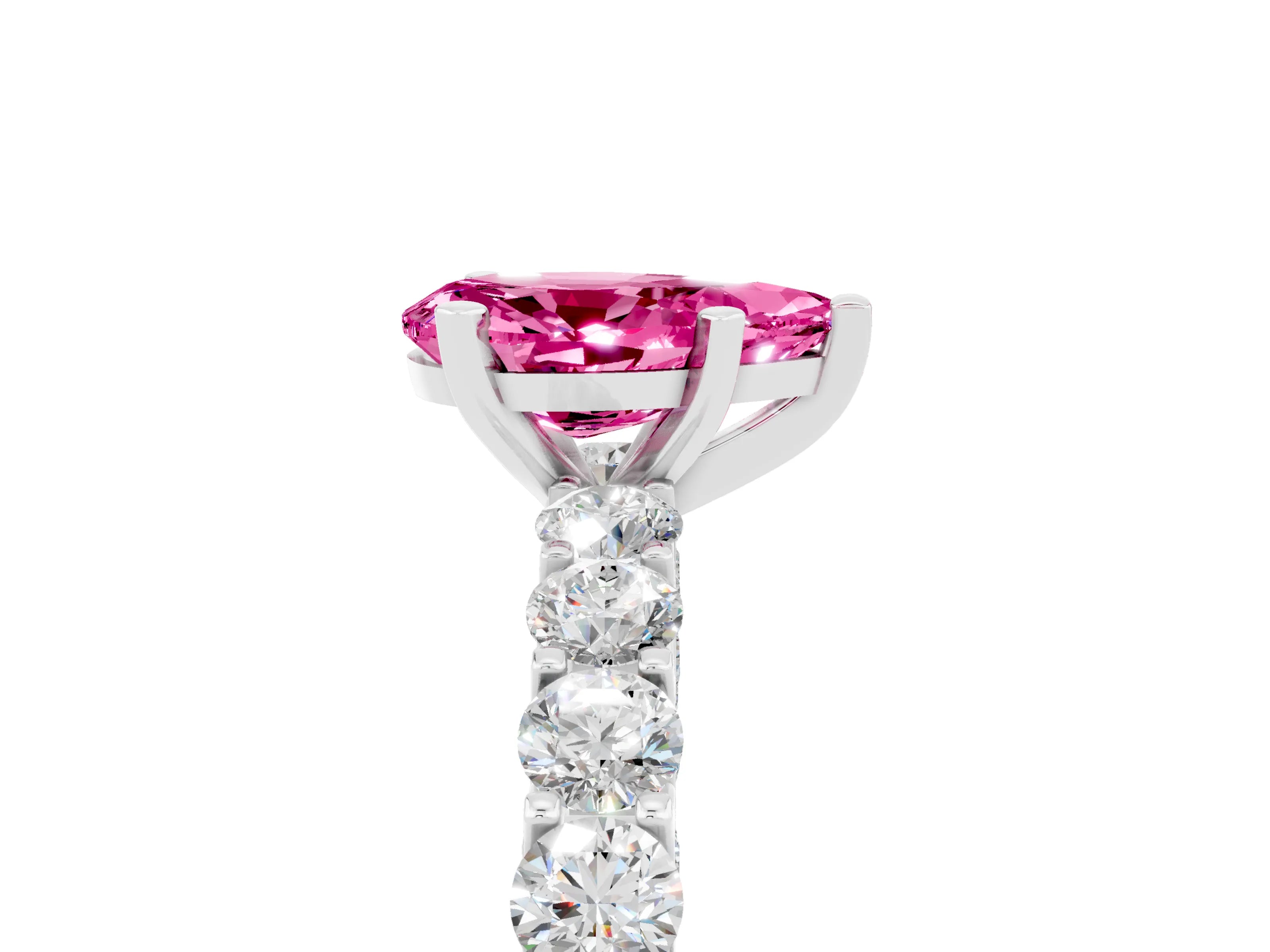 White gold Pear Cut Pink Sapphire Solitaire Ring with Shared Prong Pavé Band and Four-Prong Setting_5