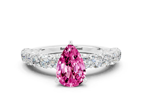 White gold Pear Cut Pink Sapphire Solitaire Ring with Shared Prong Pavé Band and Four-Prong Setting
