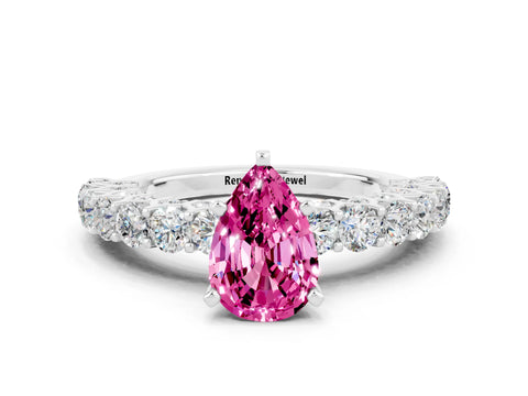 White gold Pear Cut Pink Sapphire Solitaire Ring with Shared Prong Pavé Band and Four-Prong Setting