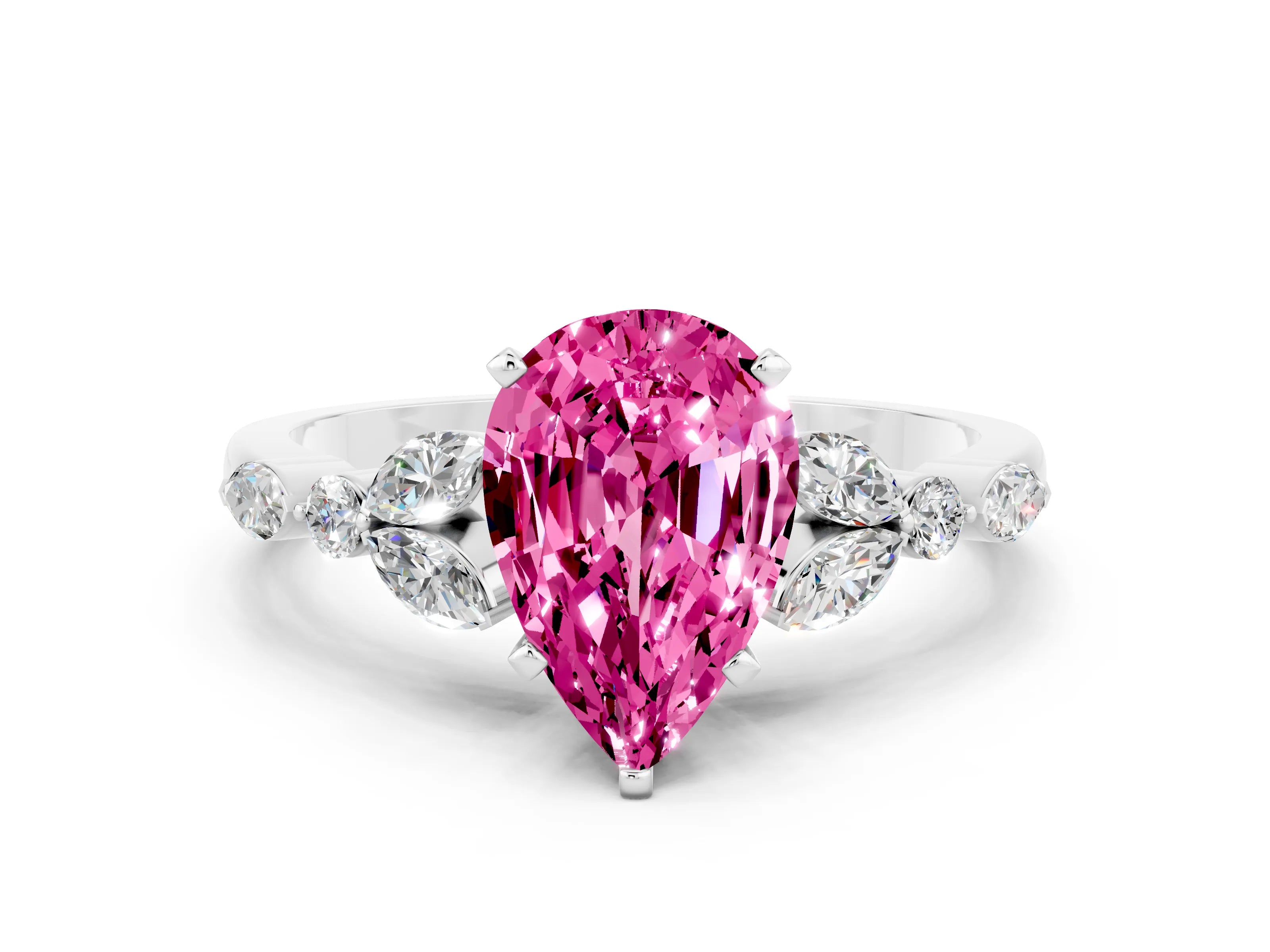 White gold Pear Cut Pink Sapphire Solitaire Ring with Side Stones and Four-Prong Setting_12