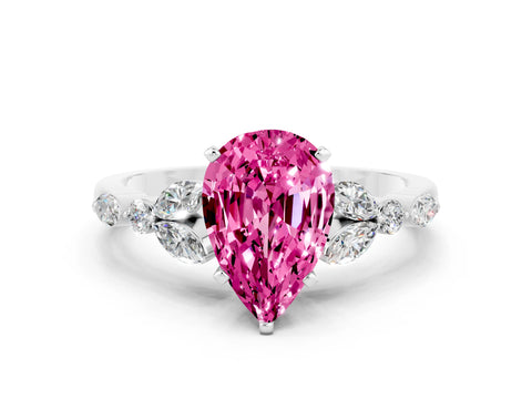 White gold Pear Cut Pink Sapphire Solitaire Ring with Side Stones and Four-Prong Setting_12
