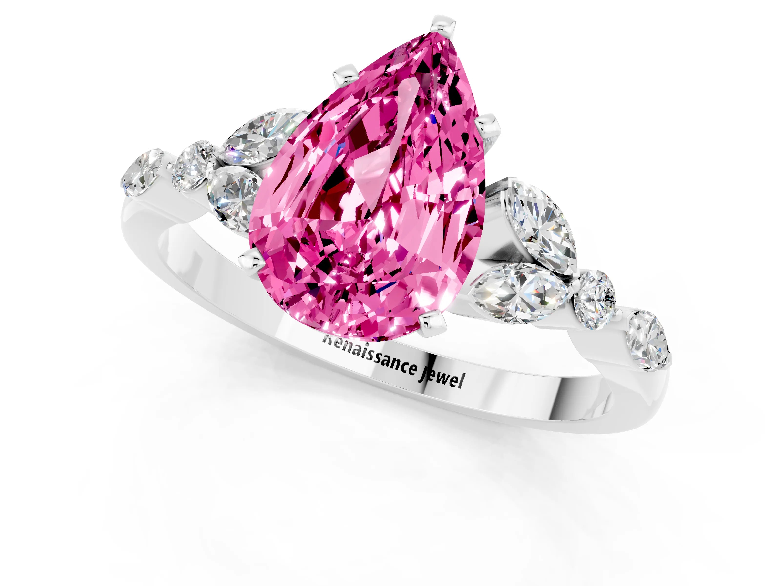 White gold Pear Cut Pink Sapphire Solitaire Ring with Side Stones and Four-Prong Setting_13