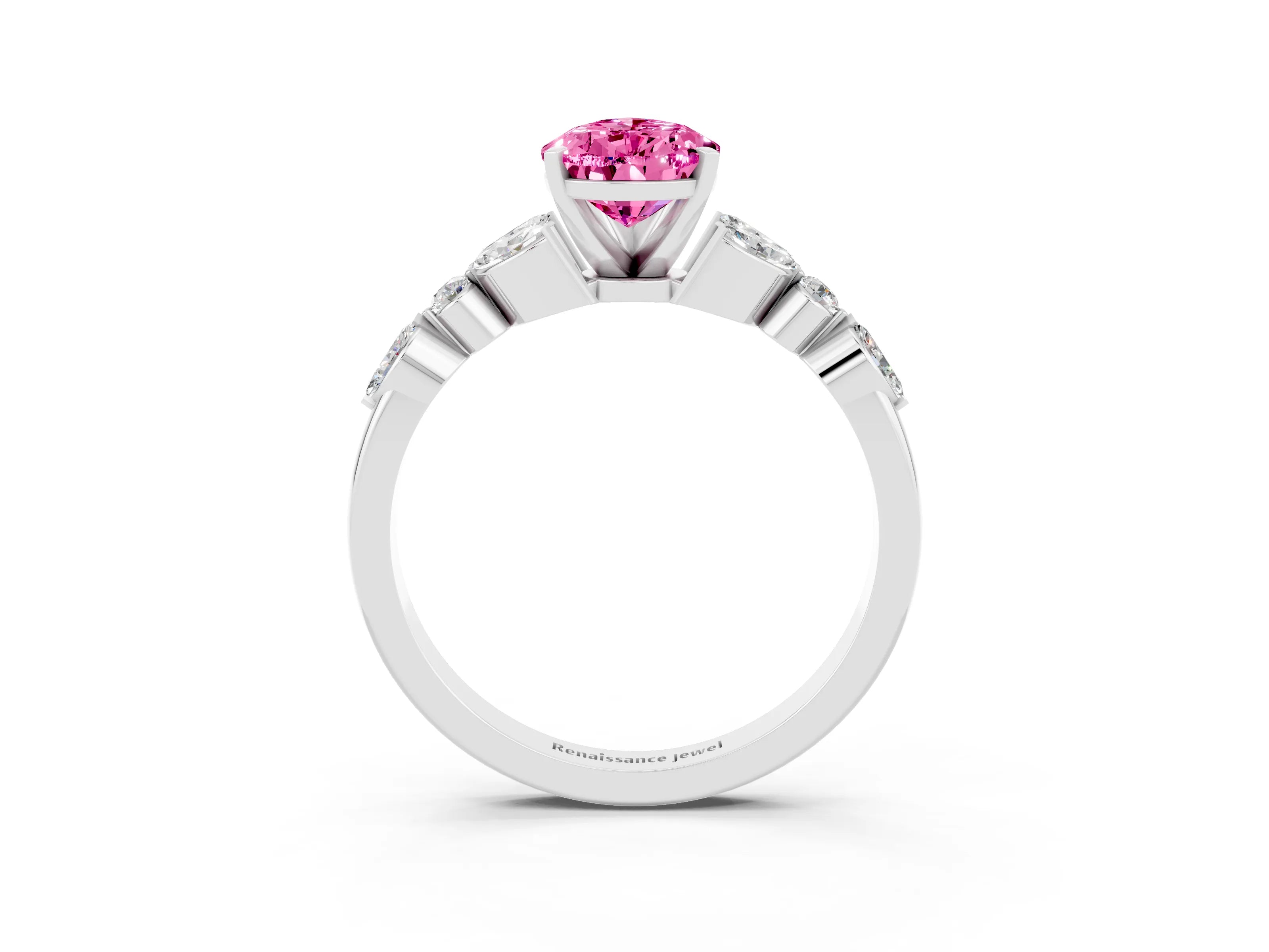 White gold Pear Cut Pink Sapphire Solitaire Ring with Side Stones and Four-Prong Setting_15