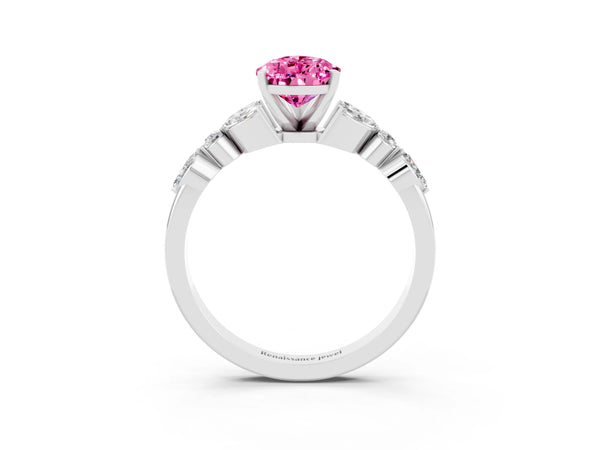 White gold Pear Cut Pink Sapphire Solitaire Ring with Side Stones and Four-Prong Setting