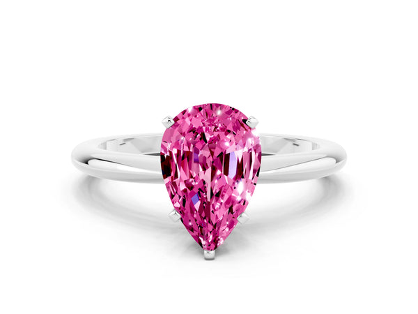 Platinum Pear Cut Pink Sapphire Solitaire Ring with Six-Prong Setting and Classic Band