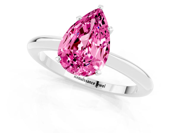 White gold Pear Cut Pink Sapphire Solitaire Ring with Six-Prong Setting and Classic Band