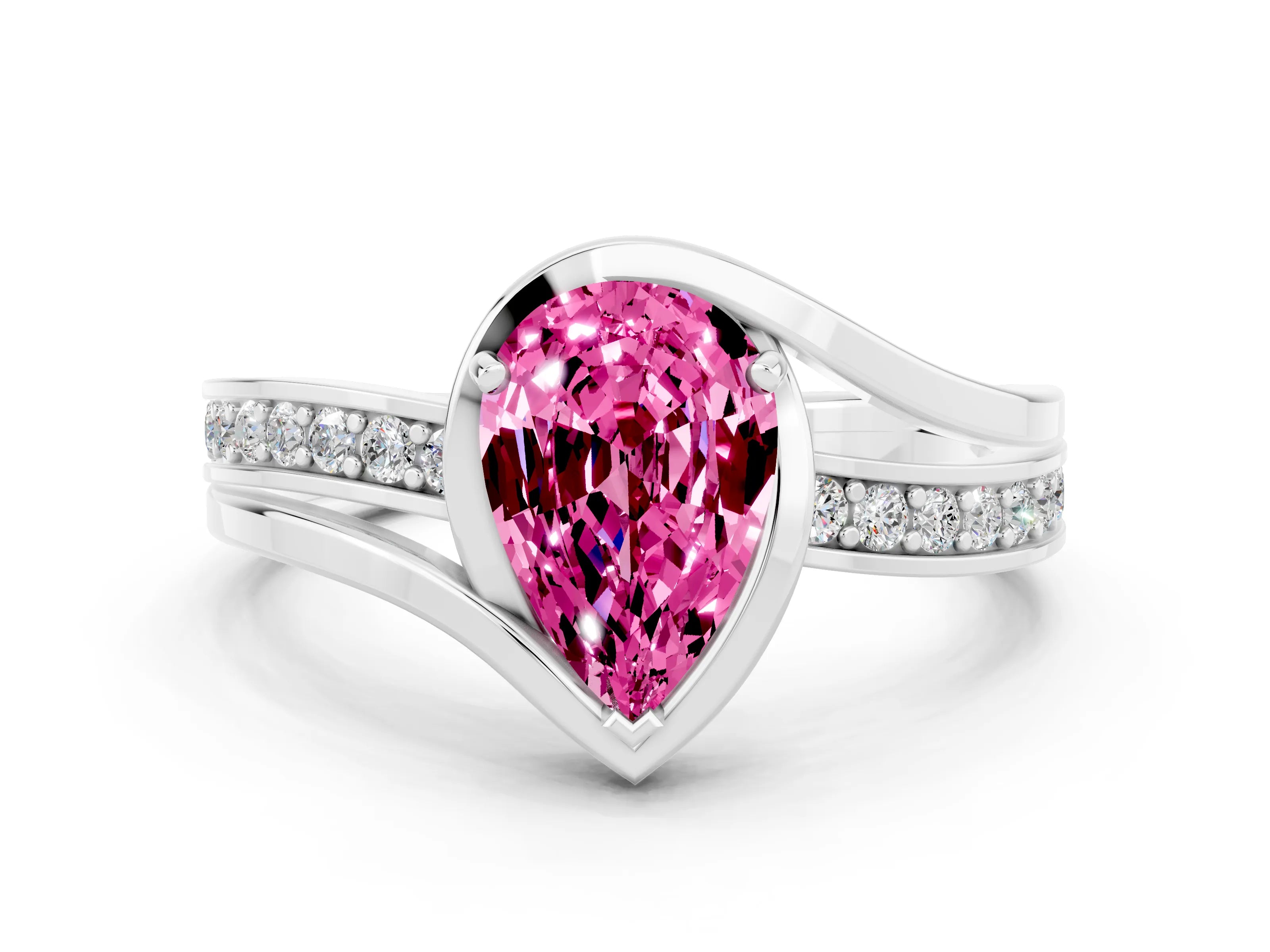 White gold Pear Cut Pink Sapphire Solitaire Ring with Split Shank and Prong Setting