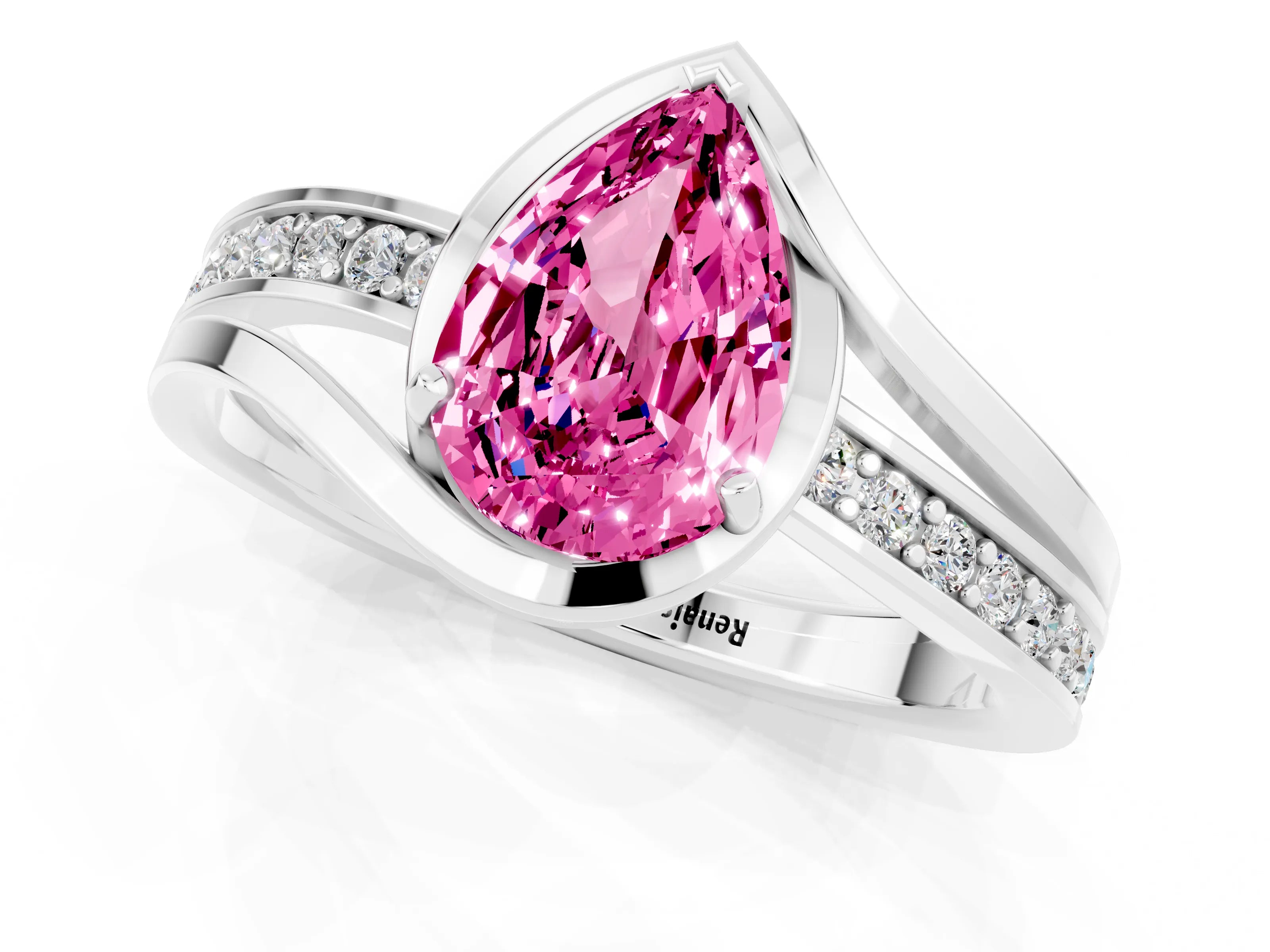 White gold Pear Cut Pink Sapphire Solitaire Ring with Split Shank and Prong Setting_1