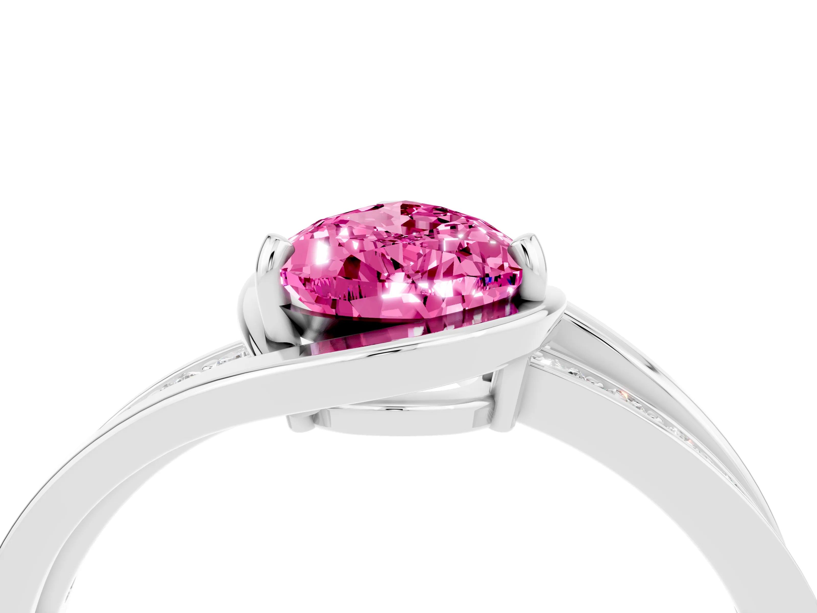 White gold Pear Cut Pink Sapphire Solitaire Ring with Split Shank and Prong Setting_4