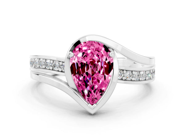Silver Pear Cut Pink Sapphire Solitaire Ring with Split Shank and Prong Setting
