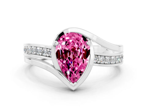 White gold Pear Cut Pink Sapphire Solitaire Ring with Split Shank and Prong Setting