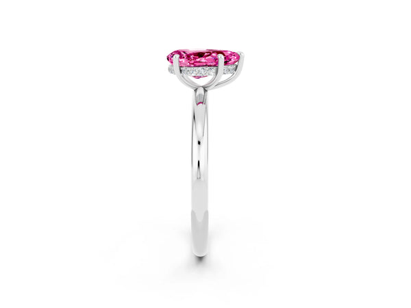 White gold Pear Cut Pink Sapphire Solitaire Ring with Thin Band and Four-Prong Setting