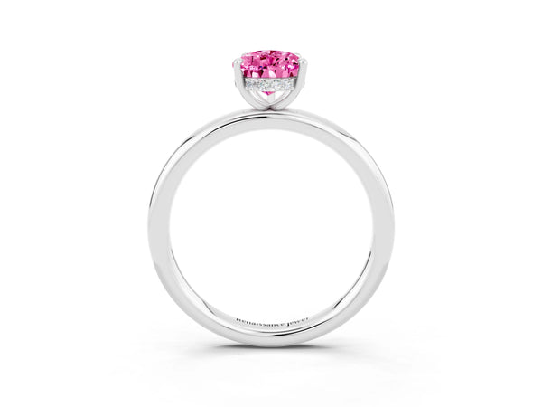 Platinum Pear Cut Pink Sapphire Solitaire Ring with Thin Band and Four-Prong Setting