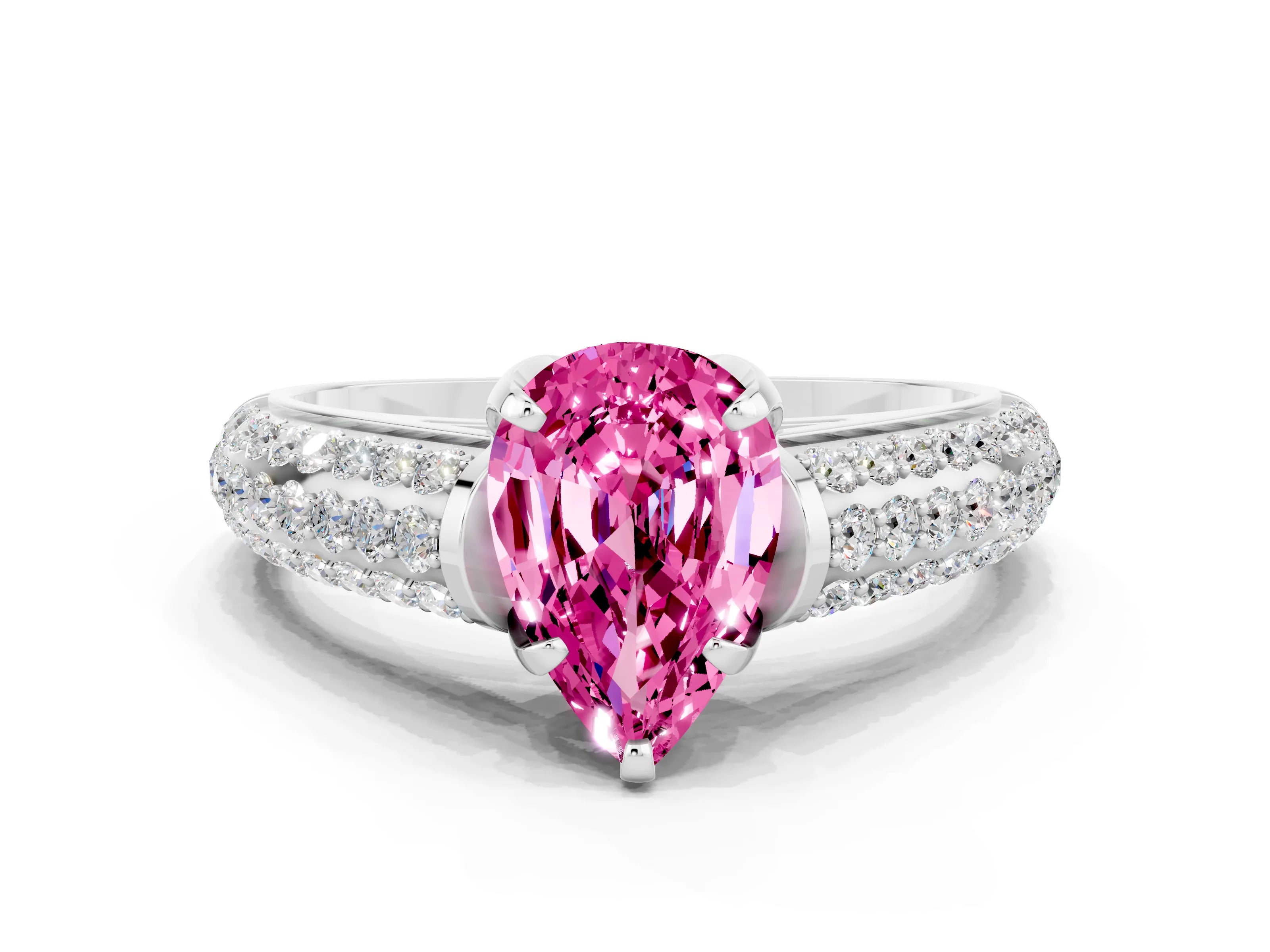 White gold Pear Cut Pink Sapphire Solitaire Ring with Three-Row Pavé Band and Four-Prong Setting_12