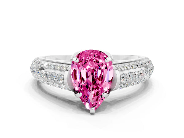 Platinum Pear Cut Pink Sapphire Solitaire Ring with Three-Row Pavé Band and Four-Prong Setting