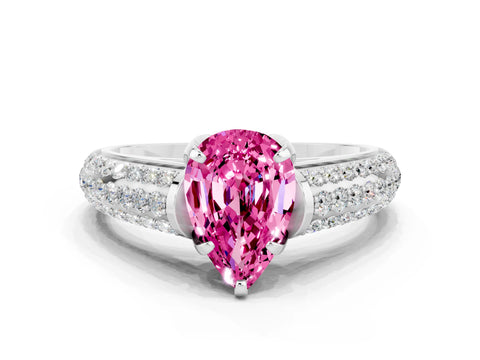 White gold Pear Cut Pink Sapphire Solitaire Ring with Three-Row Pavé Band and Four-Prong Setting_12