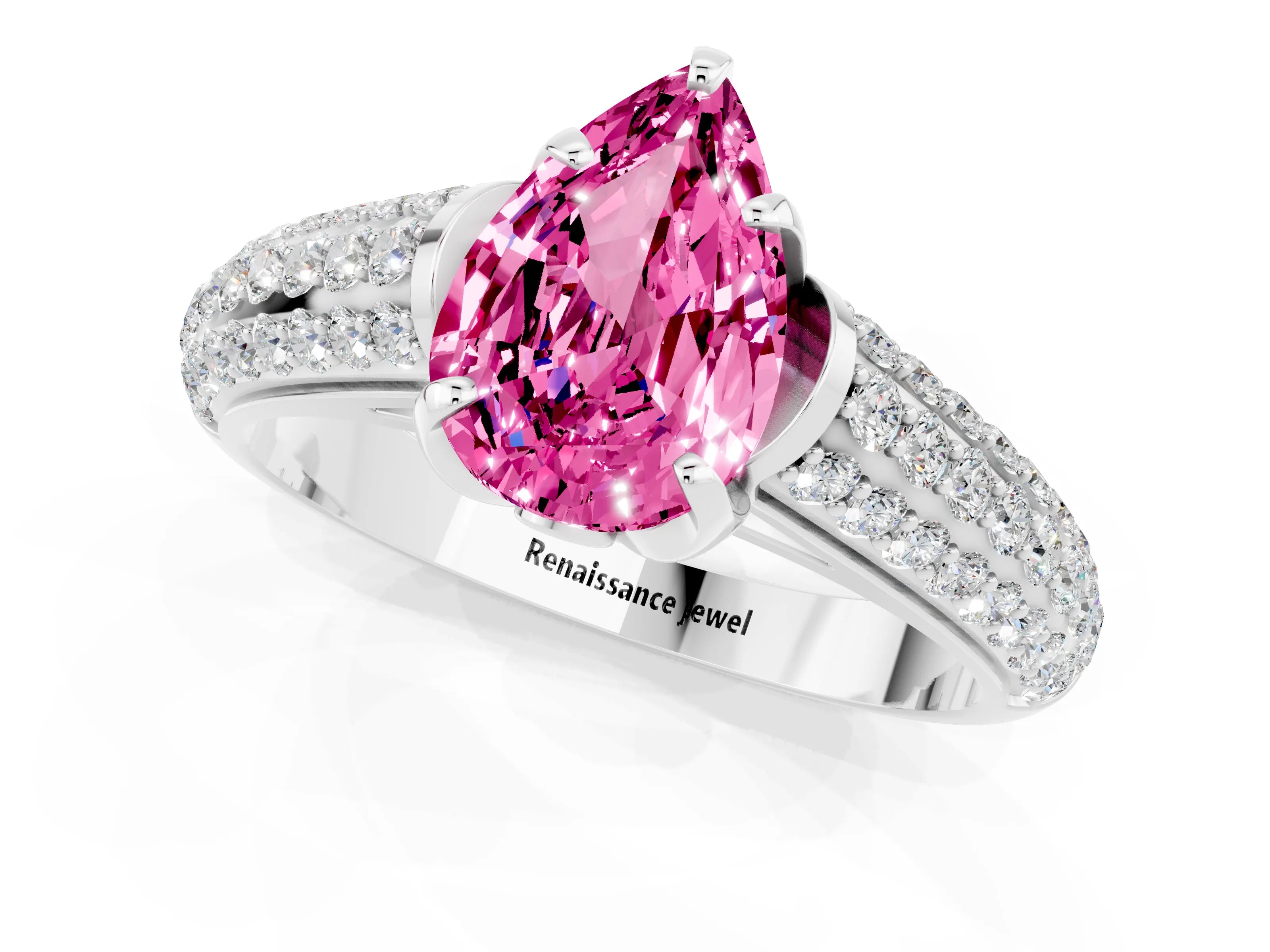 White gold Pear Cut Pink Sapphire Solitaire Ring with Three-Row Pavé Band and Four-Prong Setting_13