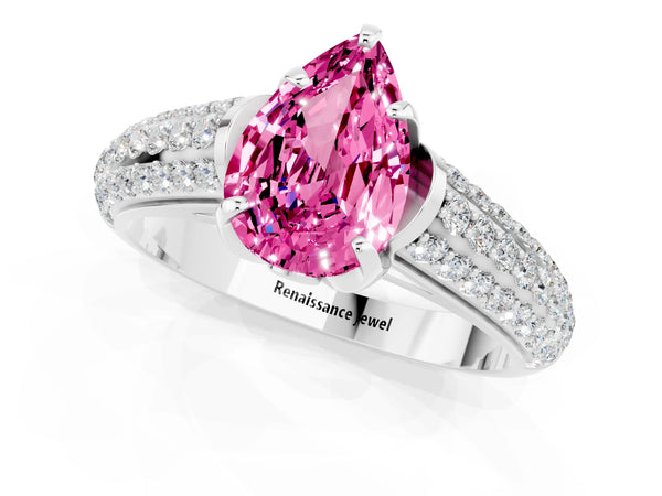 White gold Pear Cut Pink Sapphire Solitaire Ring with Three-Row Pavé Band and Four-Prong Setting