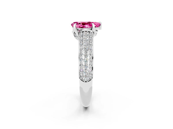 Silver Pear Cut Pink Sapphire Solitaire Ring with Three-Row Pavé Band and Four-Prong Setting
