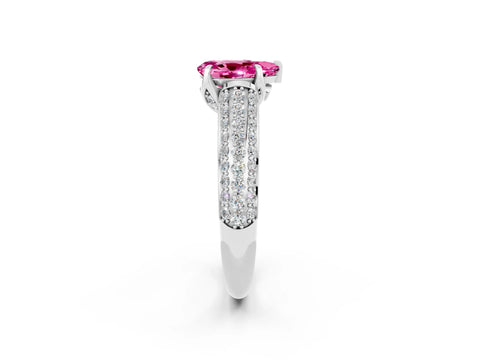 White gold Pear Cut Pink Sapphire Solitaire Ring with Three-Row Pavé Band and Four-Prong Setting_14
