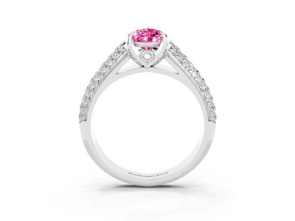 White gold Pear Cut Pink Sapphire Solitaire Ring with Three-Row Pavé Band and Four-Prong Setting
