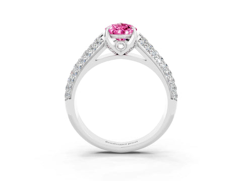 White gold Pear Cut Pink Sapphire Solitaire Ring with Three-Row Pavé Band and Four-Prong Setting_15