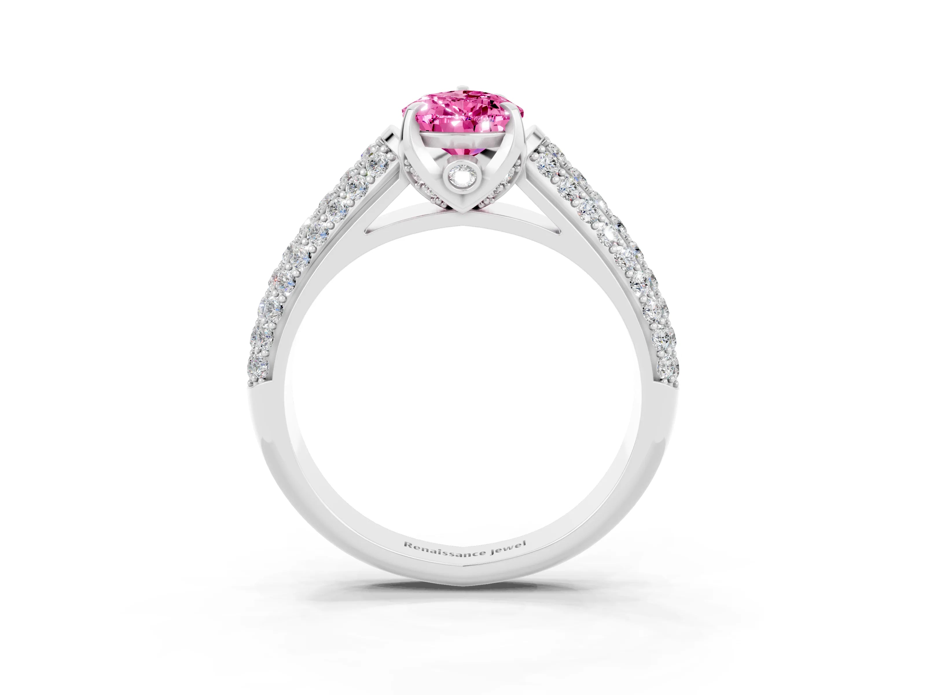 White gold Pear Cut Pink Sapphire Solitaire Ring with Three-Row Pavé Band and Four-Prong Setting_15