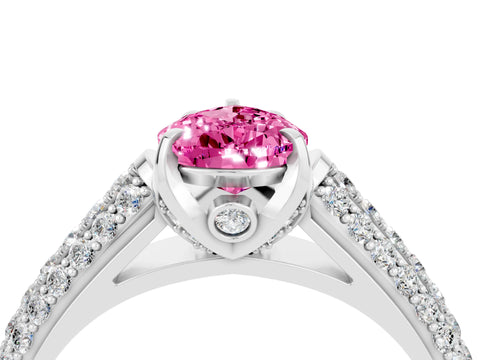 White gold Pear Cut Pink Sapphire Solitaire Ring with Three-Row Pavé Band and Four-Prong Setting_16