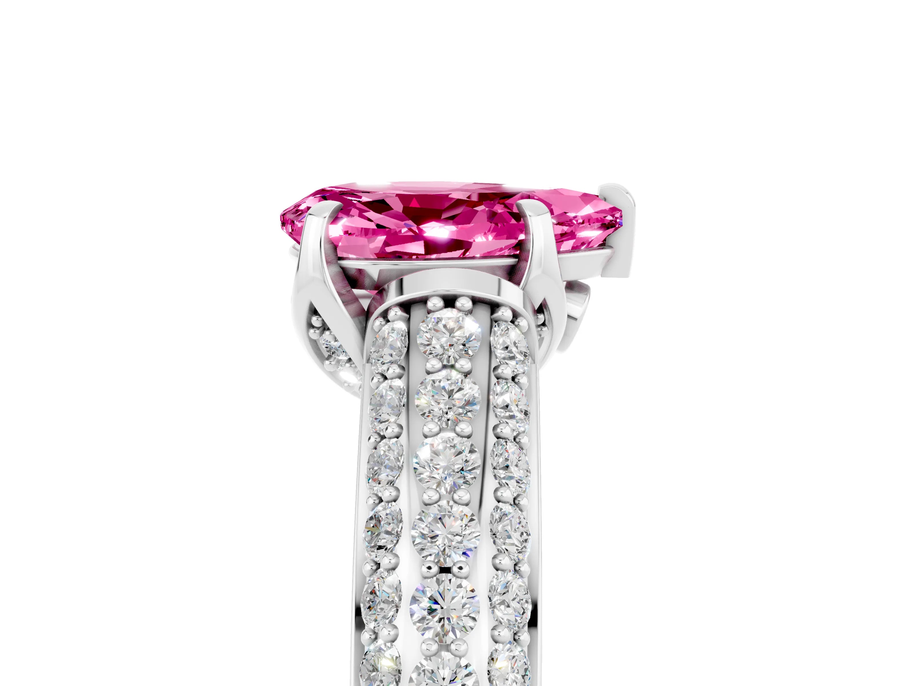 White gold Pear Cut Pink Sapphire Solitaire Ring with Three-Row Pavé Band and Four-Prong Setting_17