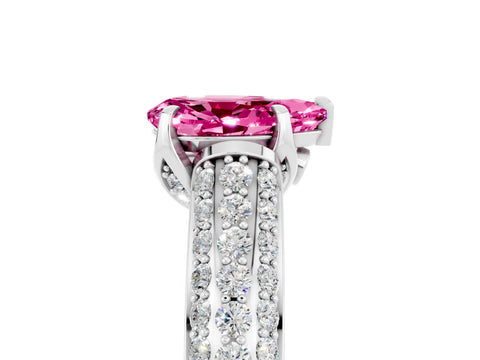 White gold Pear Cut Pink Sapphire Solitaire Ring with Three-Row Pavé Band and Four-Prong Setting_17