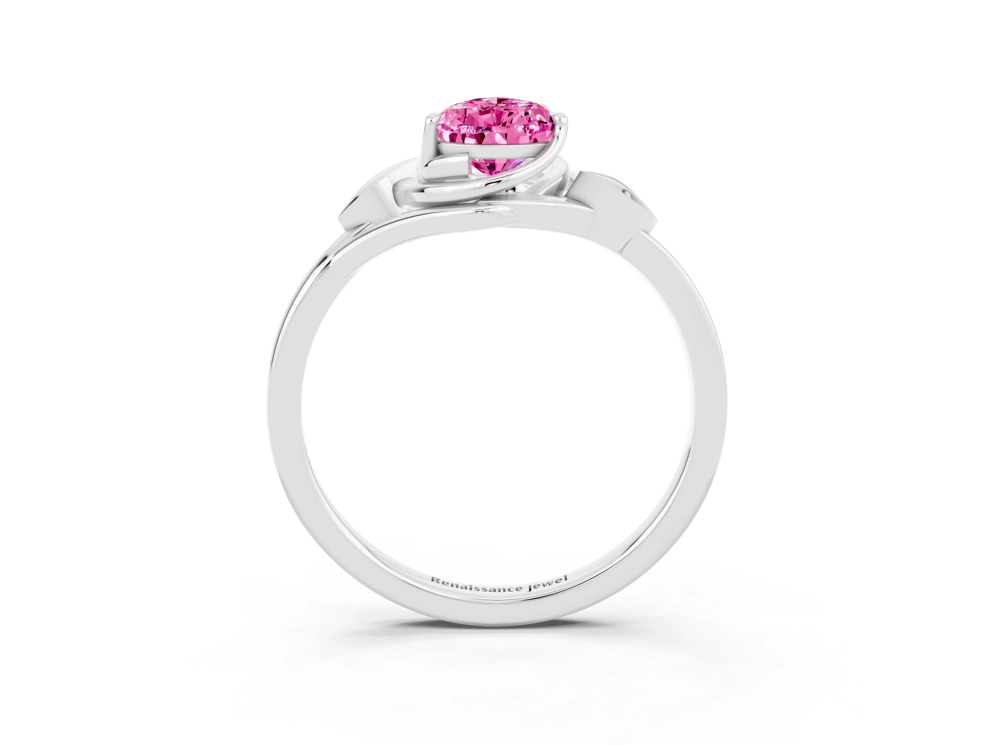 White gold Pear Cut Pink Sapphire Solitaire Ring with Twist Band and Four-Prong Setting_15