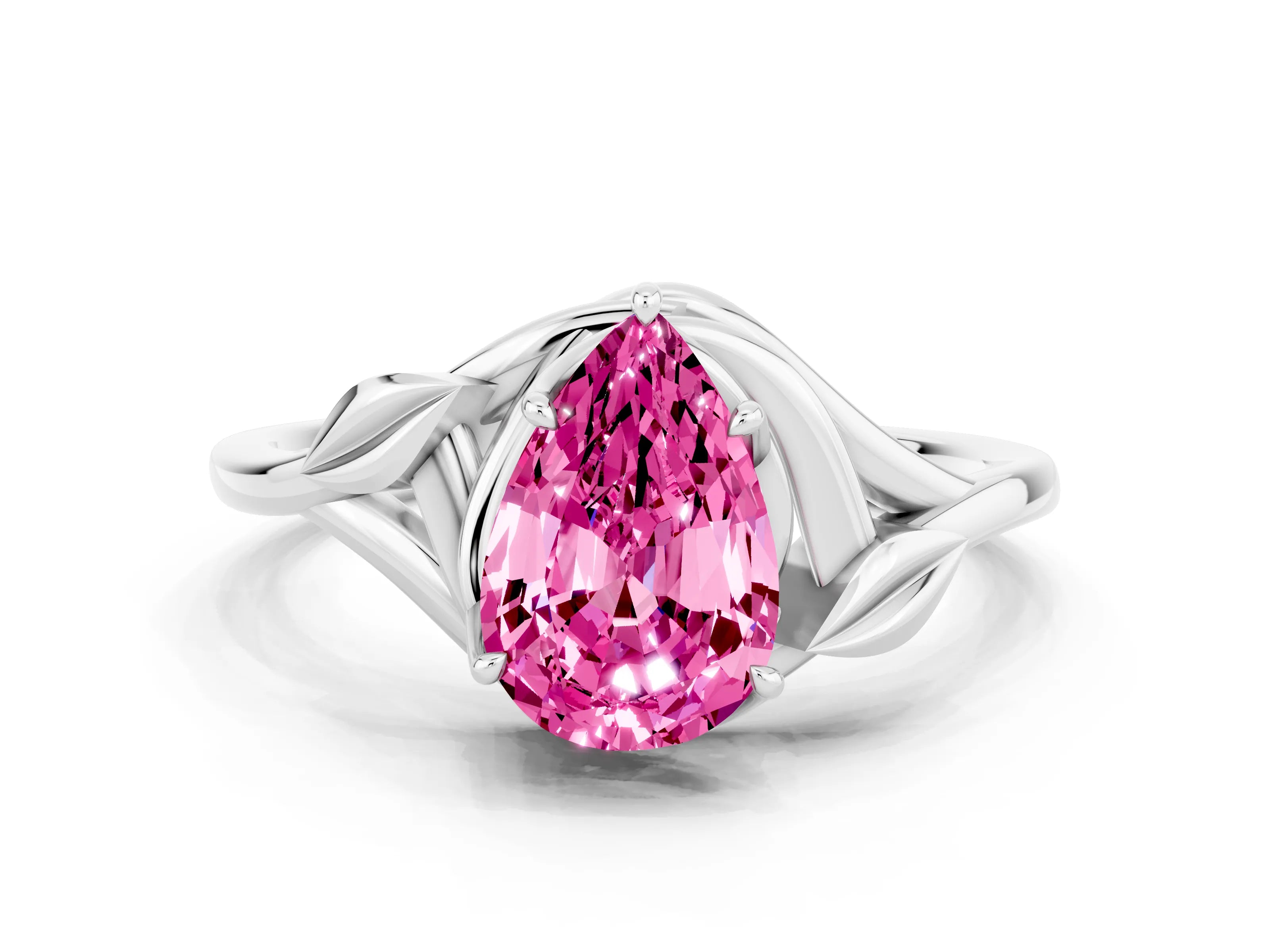 White gold Pear Cut Pink Sapphire Solitaire Ring with Twist Band and Four-Prong Setting_36