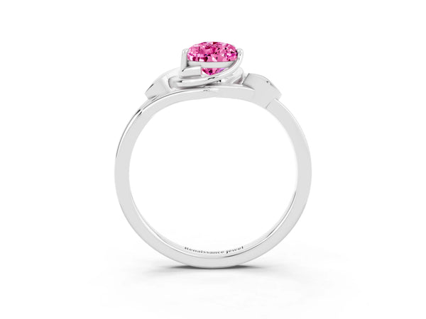 White gold Pear Cut Pink Sapphire Solitaire Ring with Twist Band and Four-Prong Setting