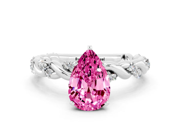 Platinum Pear Cut Pink Sapphire Solitaire Ring with Twisted Band and Pavé Accents