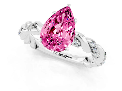 White gold Pear Cut Pink Sapphire Solitaire Ring with Twisted Band and Pavé Accents_1