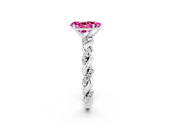 Silver Pear Cut Pink Sapphire Solitaire Ring with Twisted Band and Pavé Accents