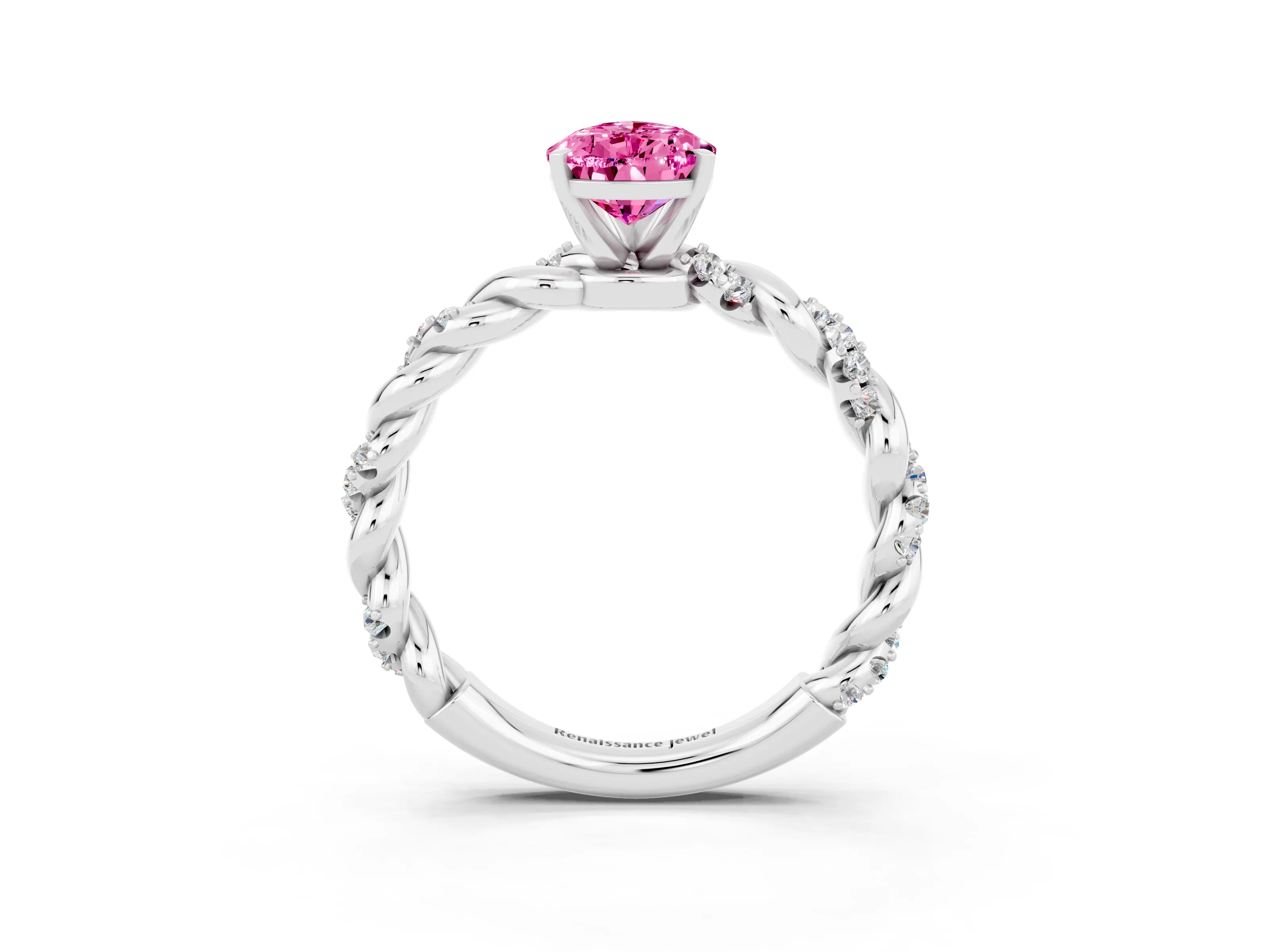 White gold Pear Cut Pink Sapphire Solitaire Ring with Twisted Band and Pavé Accents_3