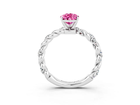 White gold Pear Cut Pink Sapphire Solitaire Ring with Twisted Band and Pavé Accents_3