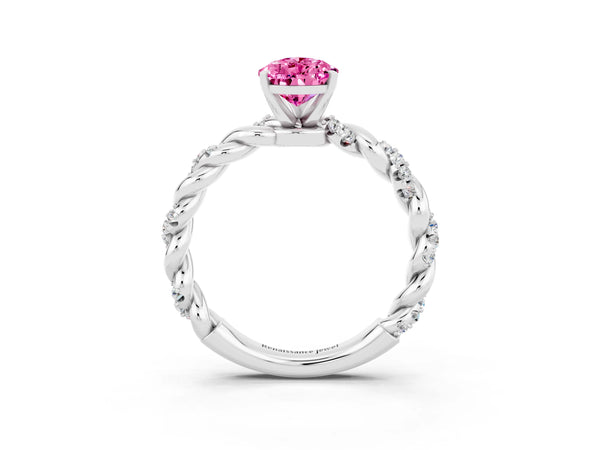 Silver Pear Cut Pink Sapphire Solitaire Ring with Twisted Band and Pavé Accents