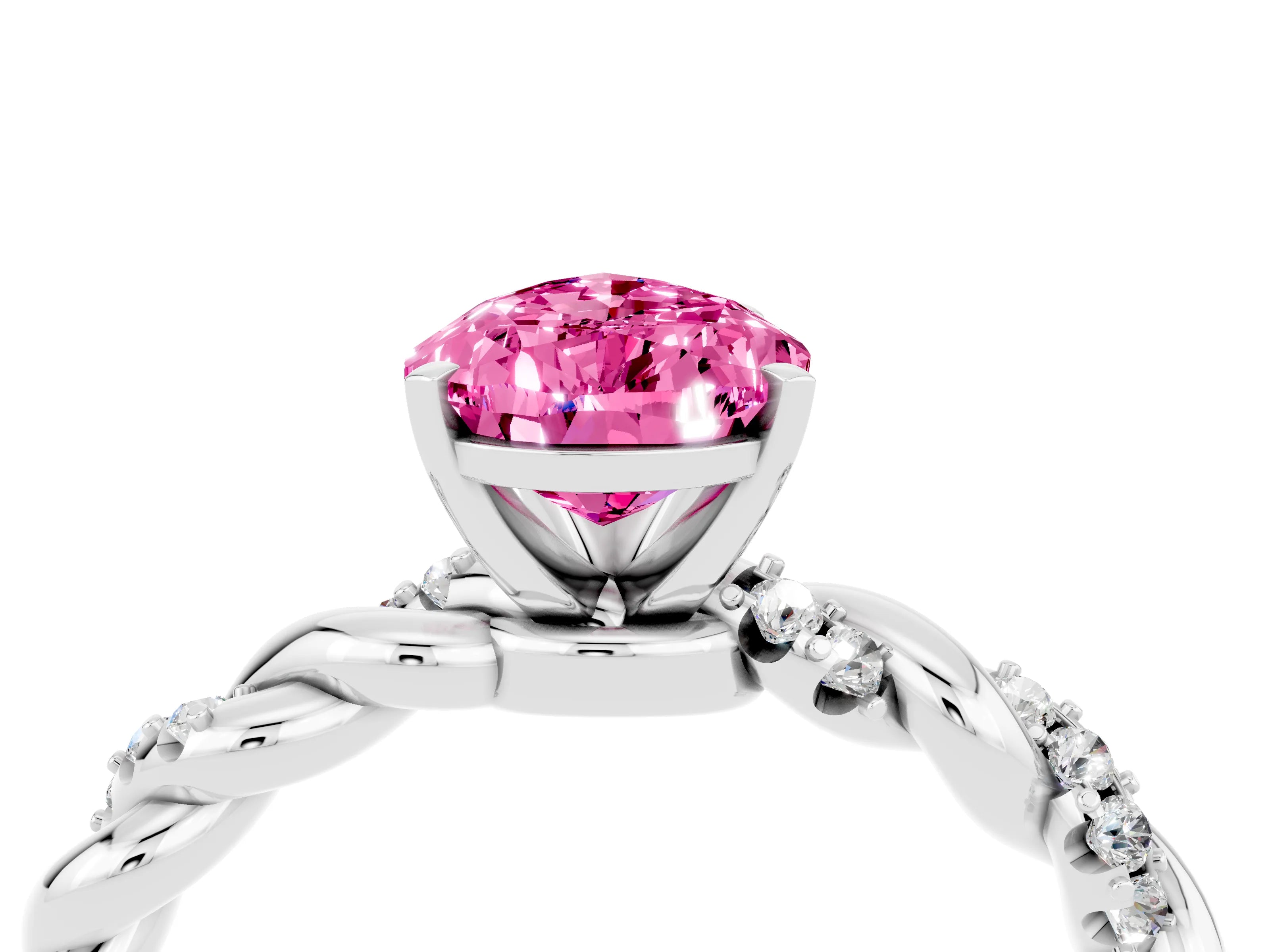 White gold Pear Cut Pink Sapphire Solitaire Ring with Twisted Band and Pavé Accents_4