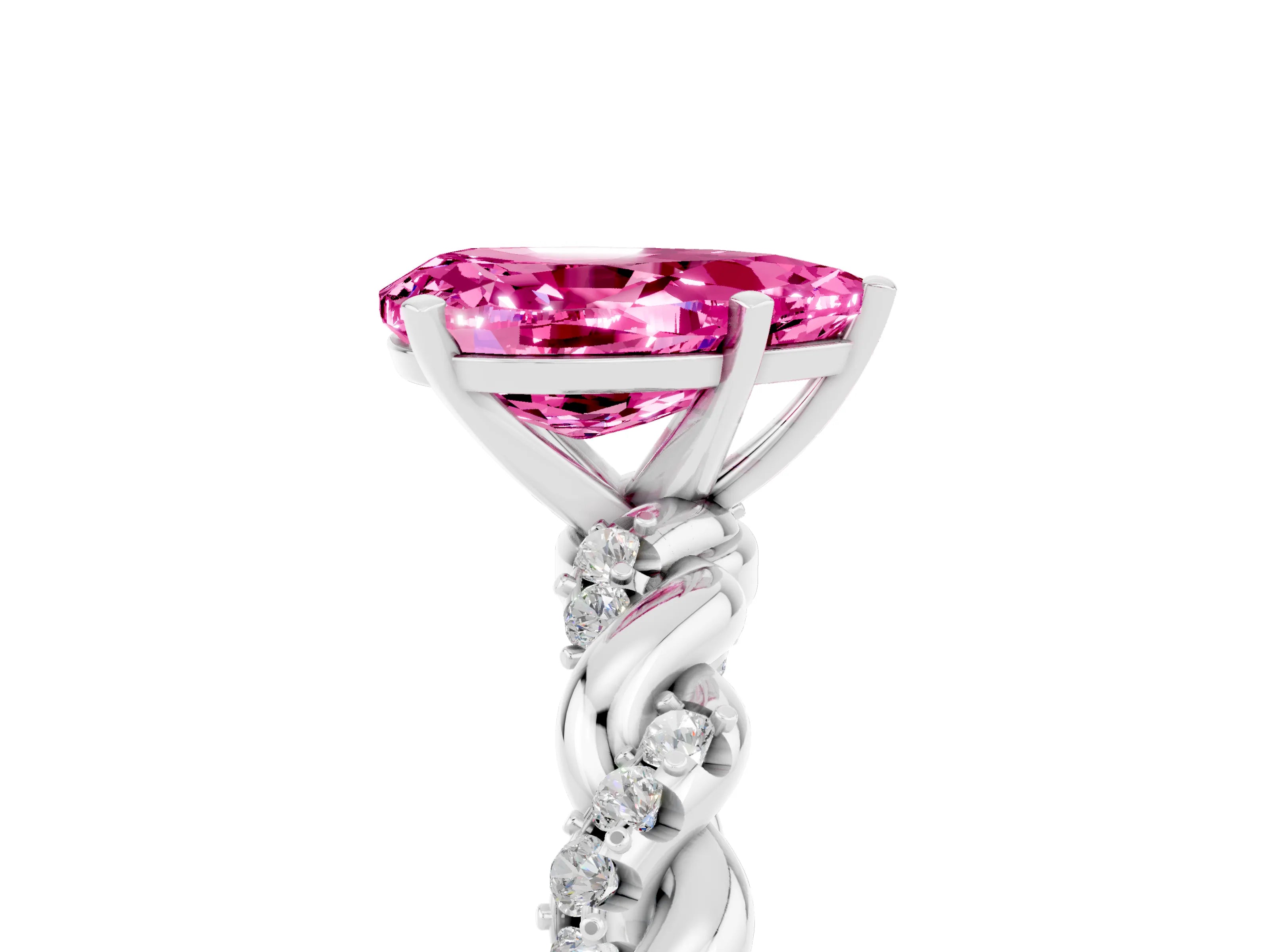 White gold Pear Cut Pink Sapphire Solitaire Ring with Twisted Band and Pavé Accents_5